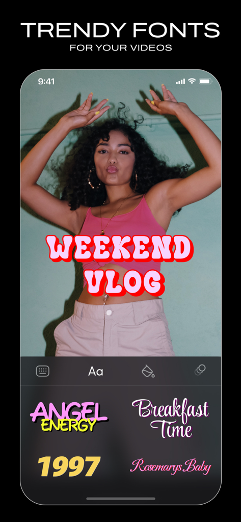 Vids AI - Reels Video Editor - Interfaccia di un'app mobile che mostra sovrapposizioni di font di tendenza per i video dei social media.