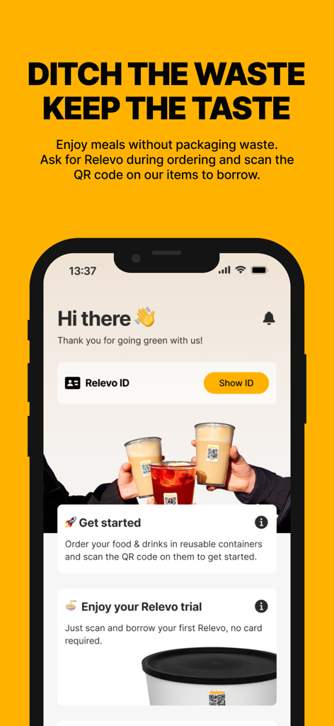 Relevo - Relevo app home screen showing the Relevo ID and instructions for borrowing reusable food containers
