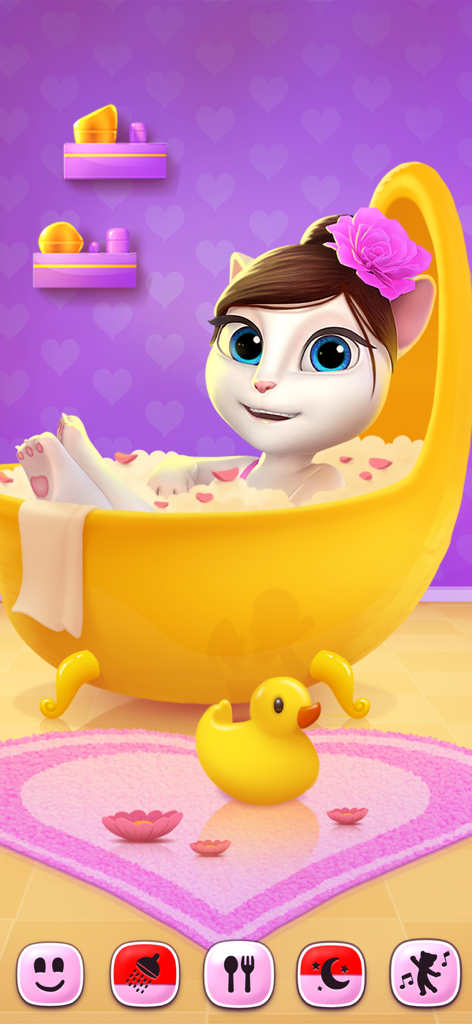 Talking Angela taking a bubble bath in a yellow bathtub
