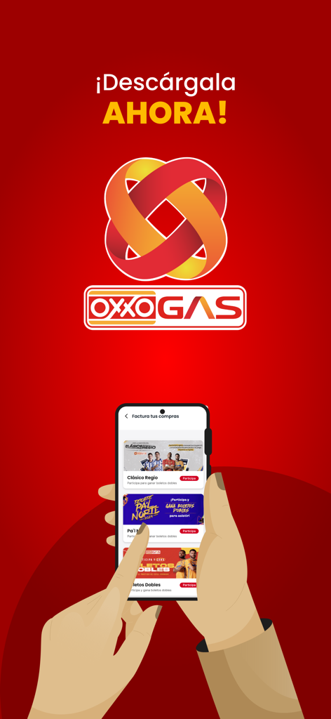 OXXO GAS Clientes - OXXO GAS Clientes 모바일 앱, 스마트폰 화면에 연료 프로모션 및 세금계산서 표시