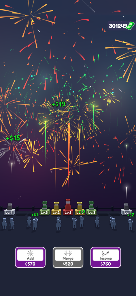 Fireworks Idle 3D - Schermata di gioco di Fireworks Idle 3D che mostra colorate esplosioni di fuochi d'artificio e pulsanti di potenziamento per aggiungere e unire scintille.