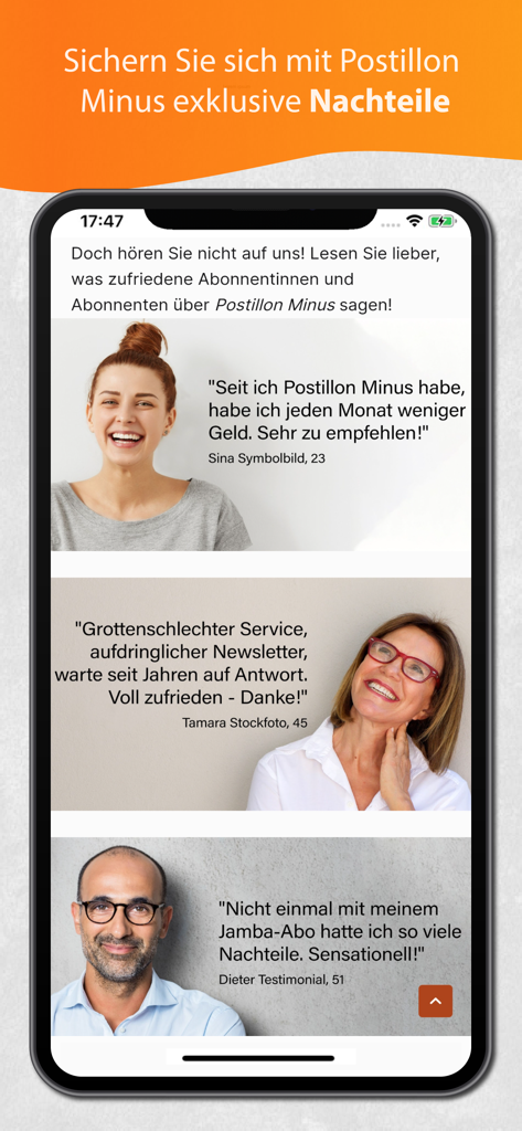 A mobile screenshot of The Postillon app showing satirical testimonials for a subscription service.