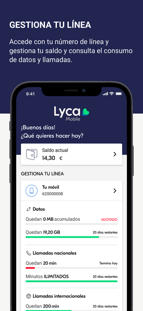 Mi Lyca - Interfaz de la app móvil Mi Lyca que muestra el saldo actual y los detalles de uso de datos
