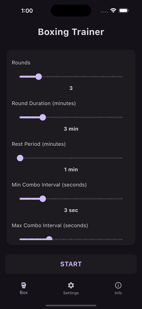 NS Boxing - Settings screen of the NS Boxing app showing sliders for rounds and intervals.