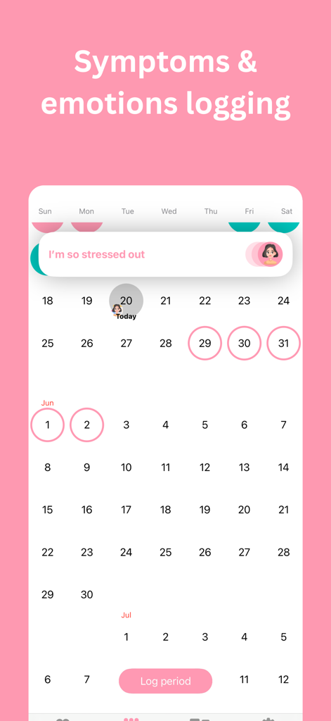 Period tracker - roony - Interfaz de la aplicación Roony para registrar síntomas y emociones con una vista de calendario mensual.