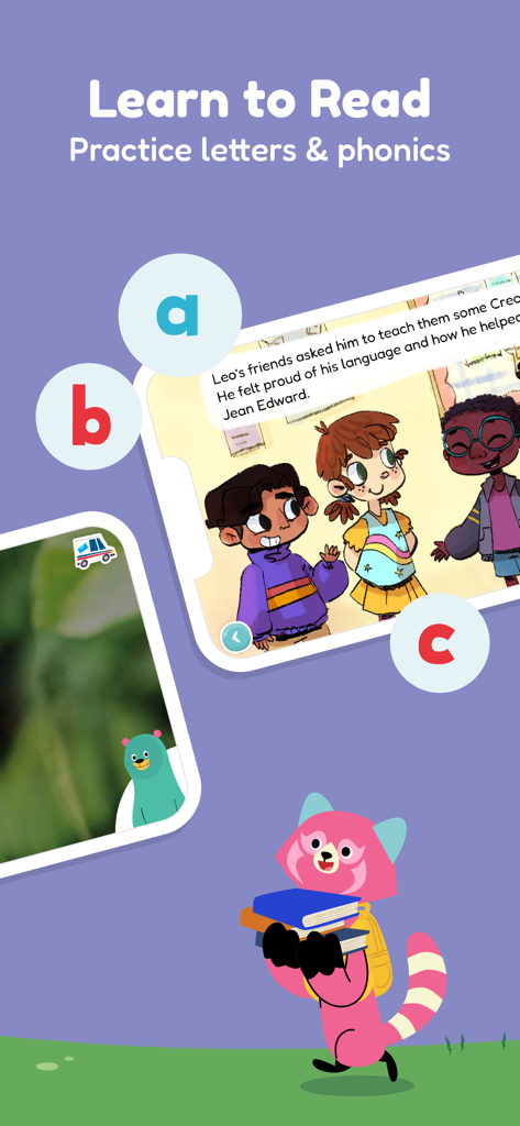 Khan Academy Kids - Khan Academy Kids interface showing letters and an interactive storybook to help children practice reading and phonics.