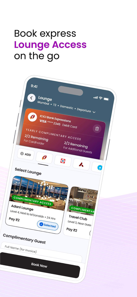 Adani OneApp: For Smart Travel - クレジットカード特典を利用したエクスプレス空港ラウンジアクセス予約用モバイルアプリインターフェース