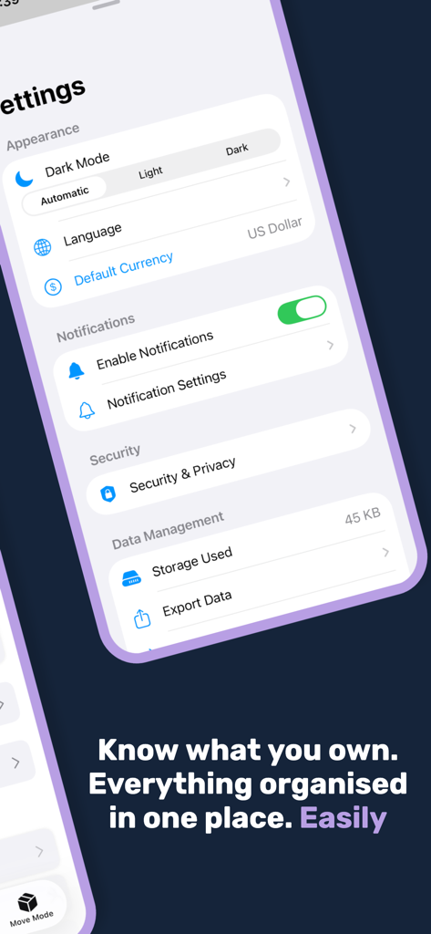 ItemMind – Home Inventory - Settings screen of ItemMind app showing appearance security and data management options