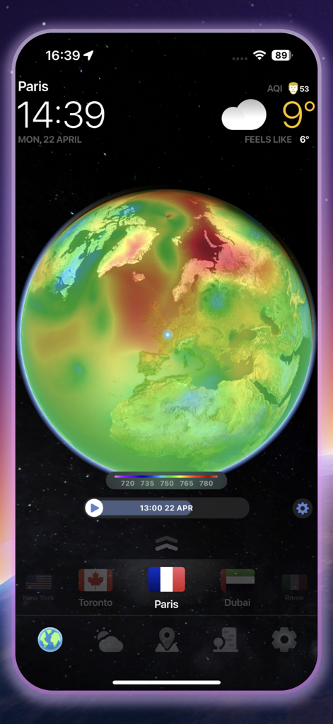 WeatherNOW: Forecast Radar Map - A 3D interactive globe visualization within the WeatherNOW app showing real-time weather data for Paris.