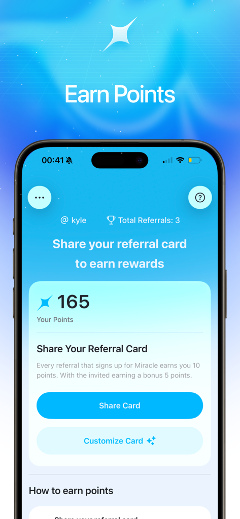 Miracle - Trading Reimagined - Uma interface de aplicativo móvel do Miracle mostrando o perfil de um usuário com 165 pontos e opções para compartilhar ou personalizar um cartão de indicação para ganhar recompensas.