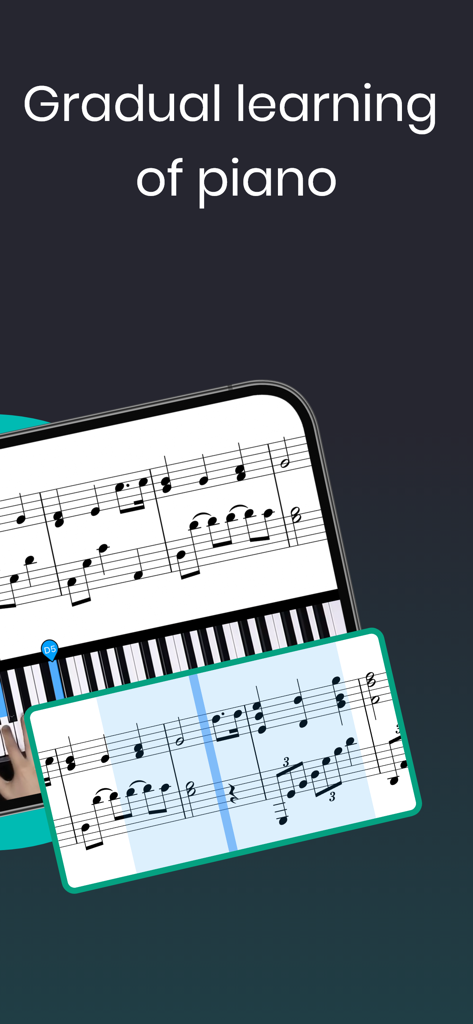 EZ Piano app screenshot showing digital sheet music and a virtual keyboard interface