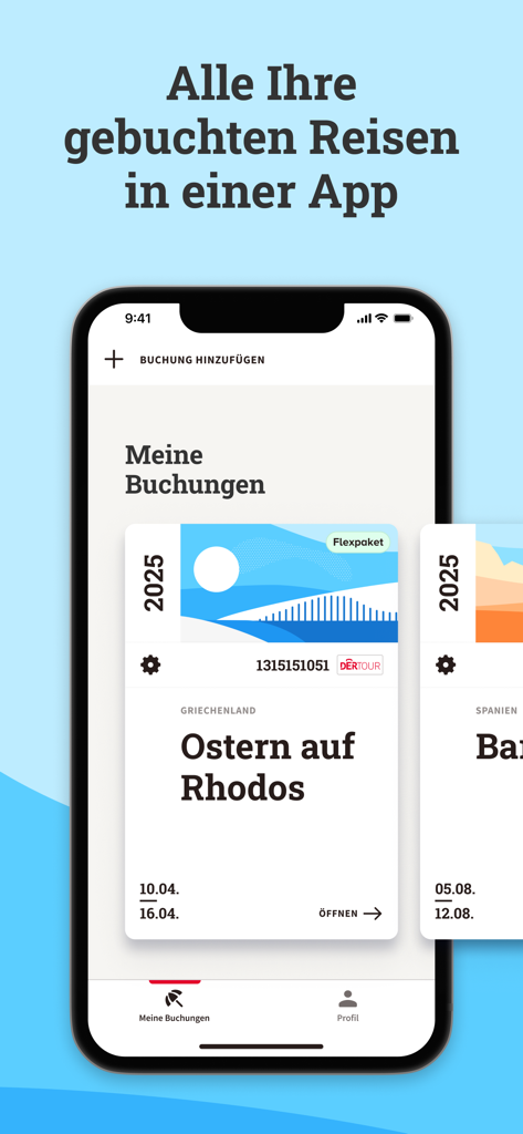 MyDERTOUR | Reisebegleiter - A smartphone displaying the MyDERTOUR app interface with a list of travel bookings including a trip to Greece