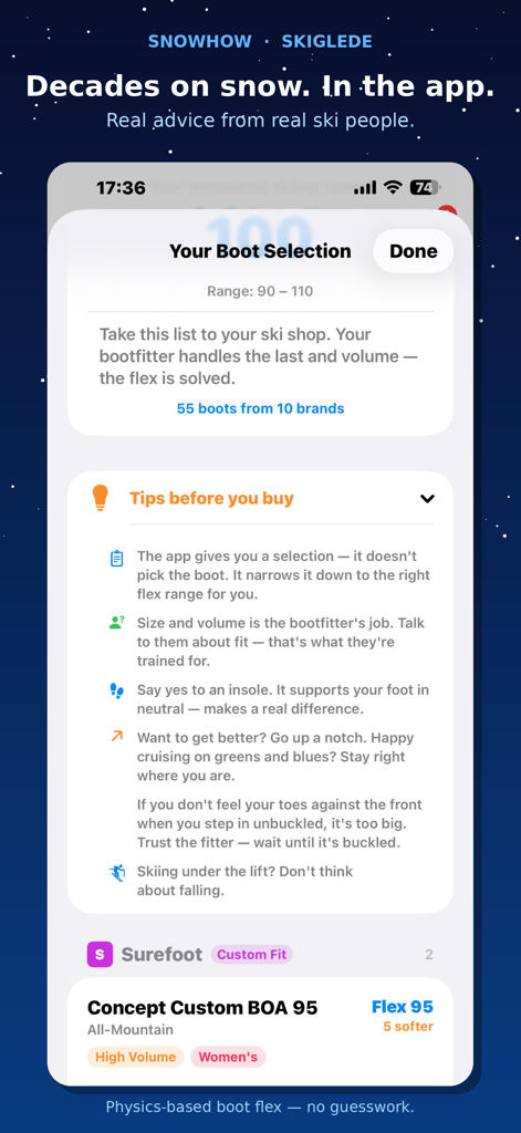Skiglede: Ski Boot Flex Finder - Skiglede-App-Oberfläche mit personalisierten Skischuh-Flex-Empfehlungen und professionellen Anpasstipps.