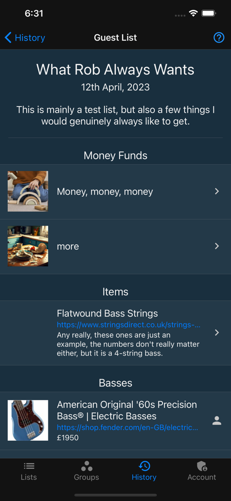 Things To Get Me - A shared guest list in the Things To Get Me app showing desired gifts such as bass guitar strings and electric basses