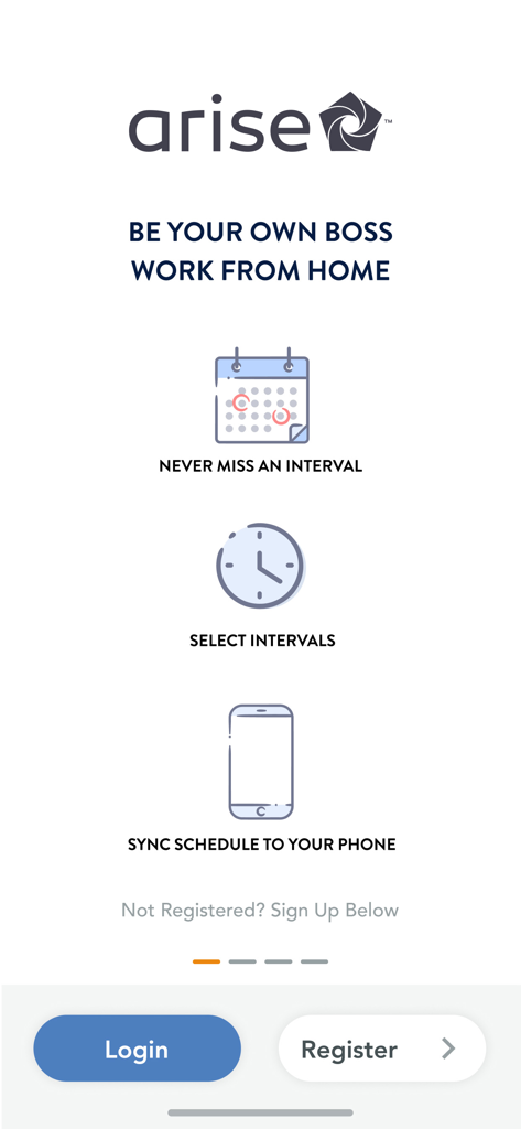Welcome screen of the Arise On The Go app showcasing remote work scheduling features
