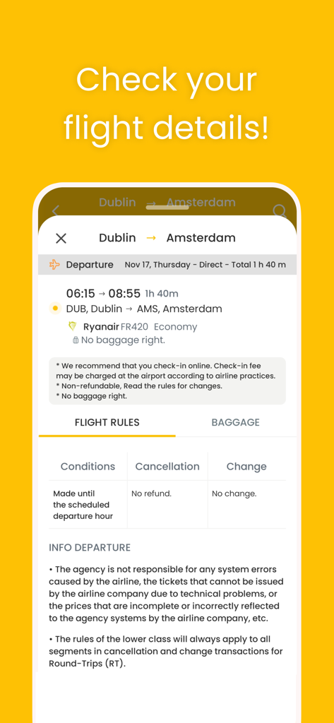 Ubfly - Cheap Flights - Interface do aplicativo Ubfly exibindo detalhes de partida e regras de voo para uma viagem de Dublin para Amsterdã