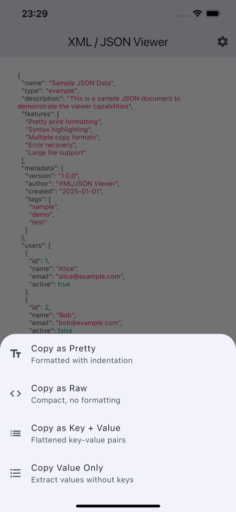 XML / JSON Viewer - Interface of the JSON viewer app displaying code syntax highlighting and a menu with four different copy formats.