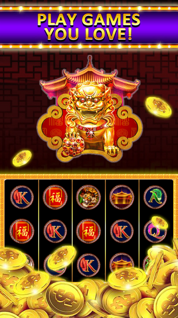 Dragon Slots game interface with oriental theme and golden guardian lion statue