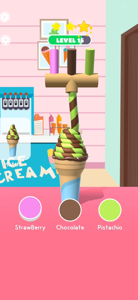Ice Cream Inc. - A mobile game screenshot of Ice Cream Inc showing a chocolate and pistachio swirl being poured into a cone to match a target model