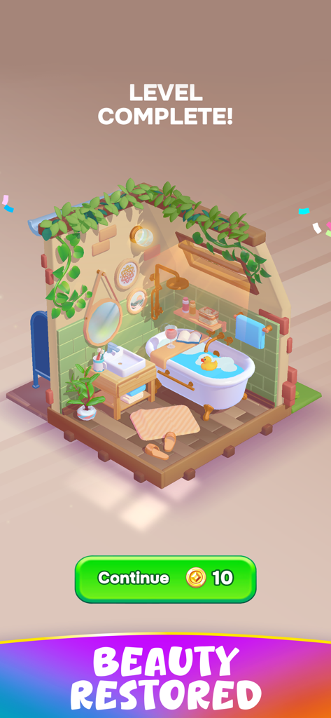 Un nivel de baño 3D isométrico completado en la aplicación Decolore con decoración del hogar estética y plantas