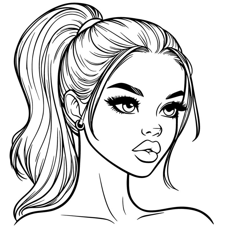 realistic girl with high ponytail and nose and lips
