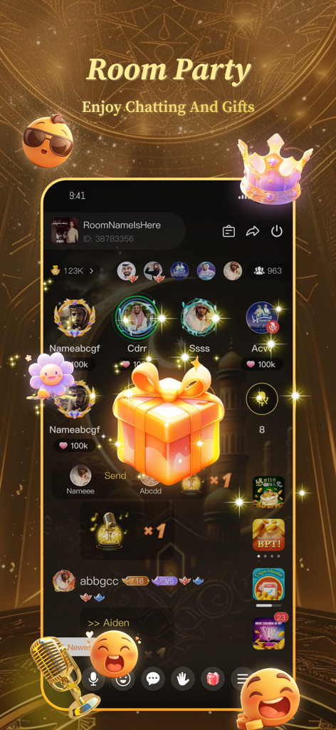 Stargo - Group Voice Chat Room - Stargo mobile app interface showing a group voice chat room party with avatars and virtual gifts