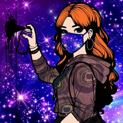 realistic girl with mask spray painting a wall