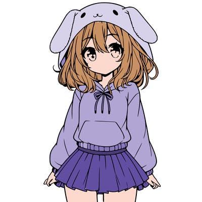 pretty anime girl wearing a fluffy hoodie with bunny ears on the hood and a skirt