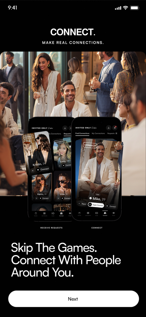 Interface of the Invited Only app displaying user profiles for exclusive networking