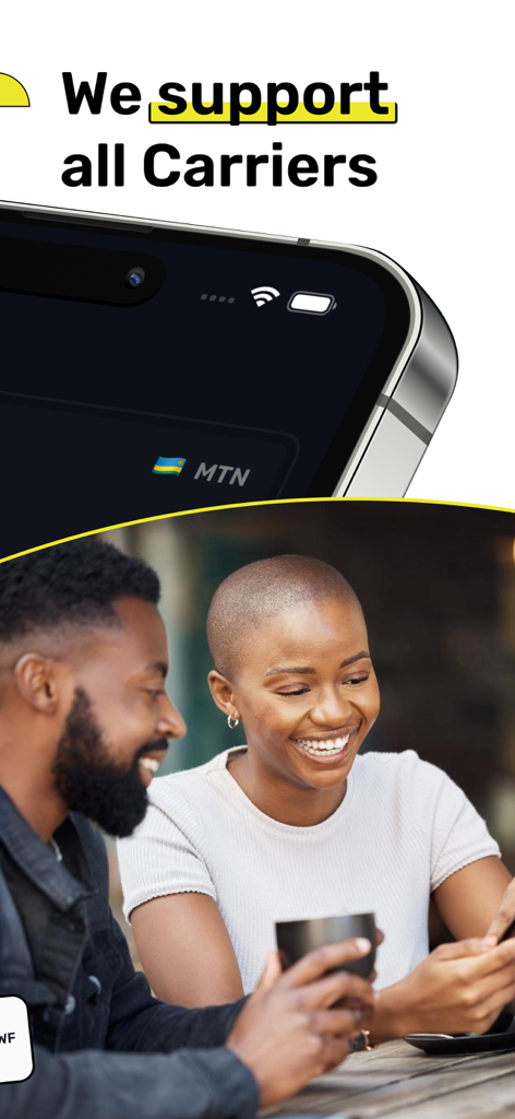 Faranga – Fast Mobile Money - A happy couple using the Faranga app on a smartphone showing support for all mobile carriers.