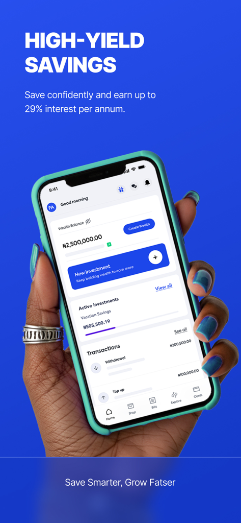 CredPal - CredPal app screen displaying high yield savings and investment wealth management dashboard