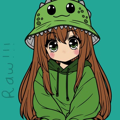 girl with anime shaped eyes with a dinosaur bucket hat oversized sweatshirt long straight hair