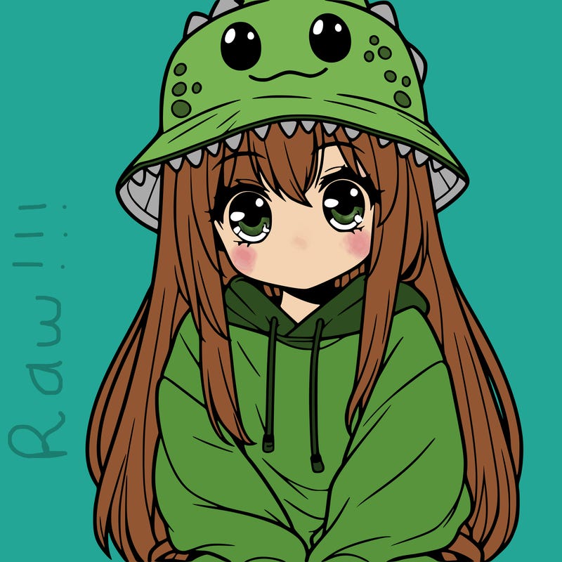 girl with anime shaped eyes with a dinosaur bucket hat oversized sweatshirt long straight hair