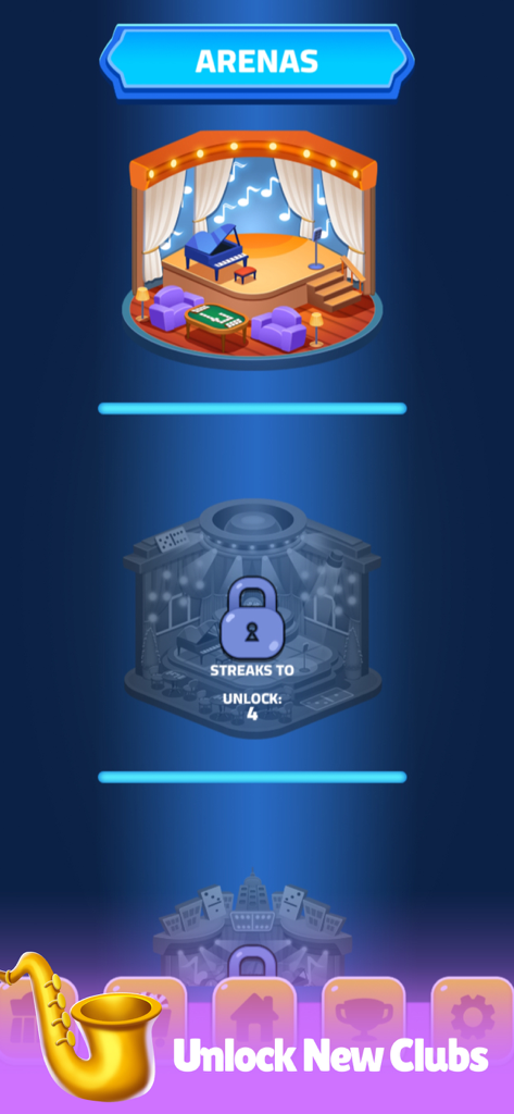 Arenas de juego desbloqueables en Dominoes Infinite con un tema de club de jazz musical.