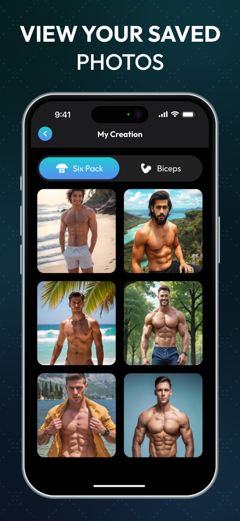 Bildschirm der mobilen App, der eine Galerie von gespeicherten Fotos mit realistischen, KI-generierten Sixpack-Bauchmuskeln bei verschiedenen Männern zeigt.