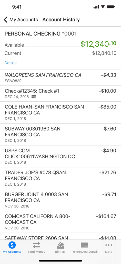 Clearview Mobile App personal checking account history screen showing balance and recent transactions