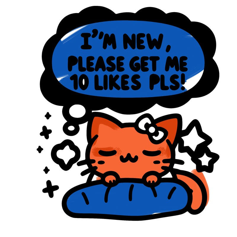 kitty taking a nap dream talking and saying "i'm new, please get me at least 10 likes pls!!"
