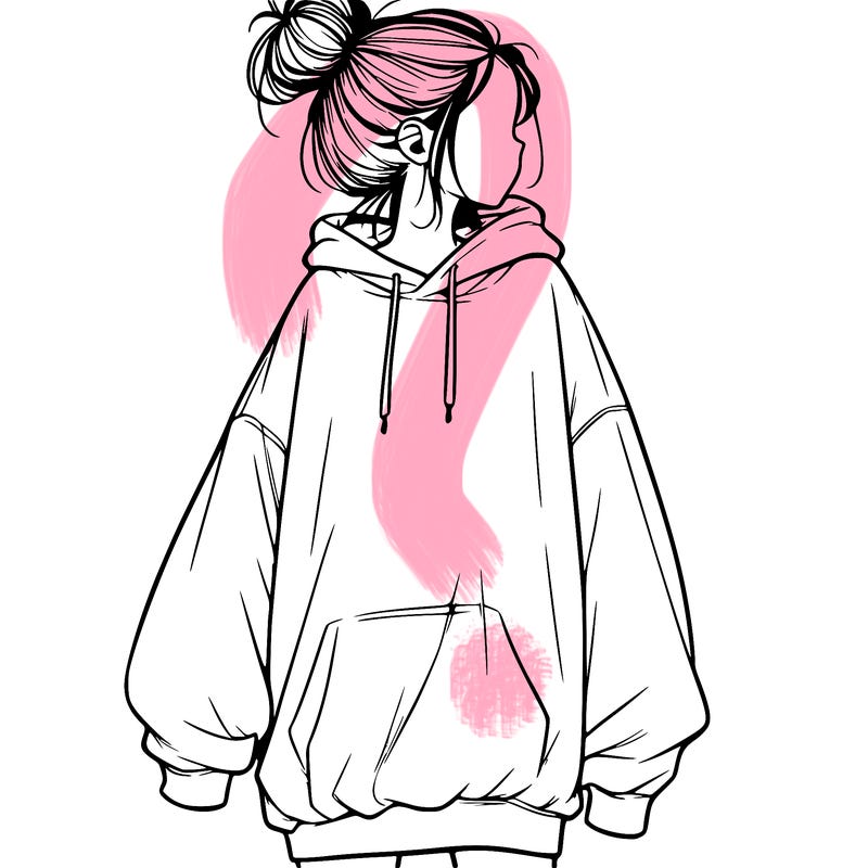 realistic girl with a oversized sweatshirt on and a bun