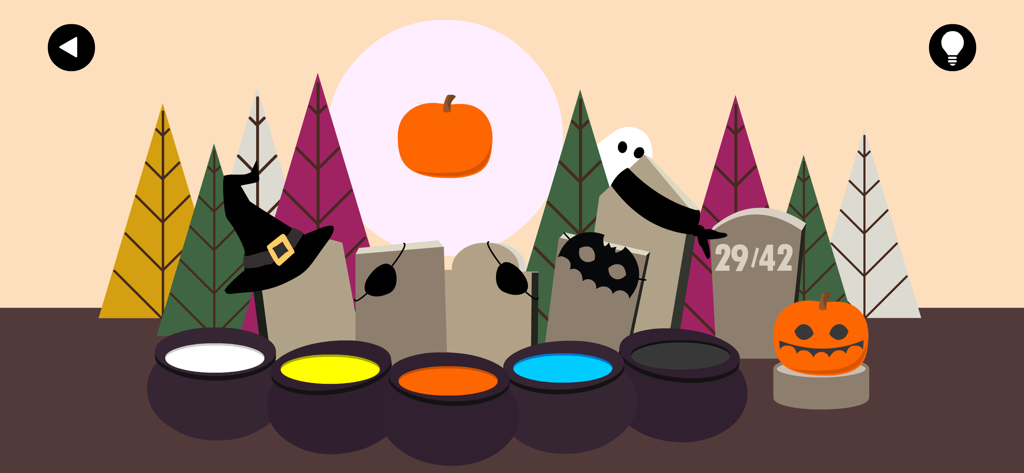 Boo! - Una pantalla de rompecabezas lógico de Halloween de la aplicación Boo que muestra una calabaza para decorar con varios calderos de pintura y máscaras