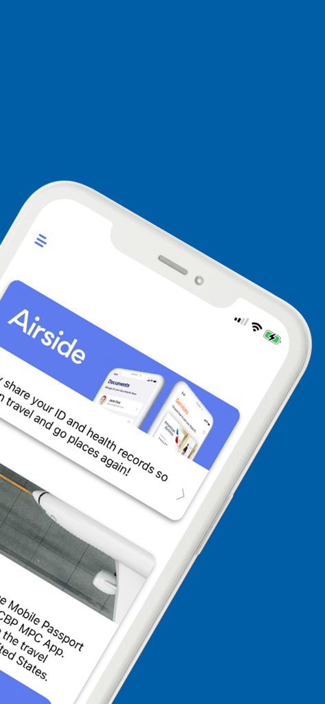 Smartphone screen displaying the Airside Mobile Passport app interface for digital travel documents.