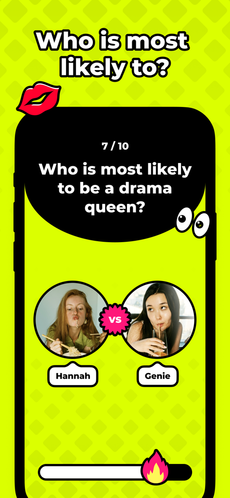 Gossip. - Schermata dell'app Gossip che mostra un sondaggio 'più propenso a' su una 'regina del dramma' tra due amiche.