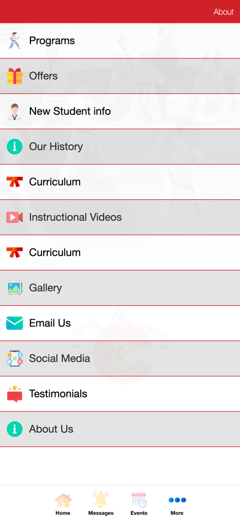 National Karate App - Main menu of the National Karate Academy mobile app showing student programs curriculum and instructional videos