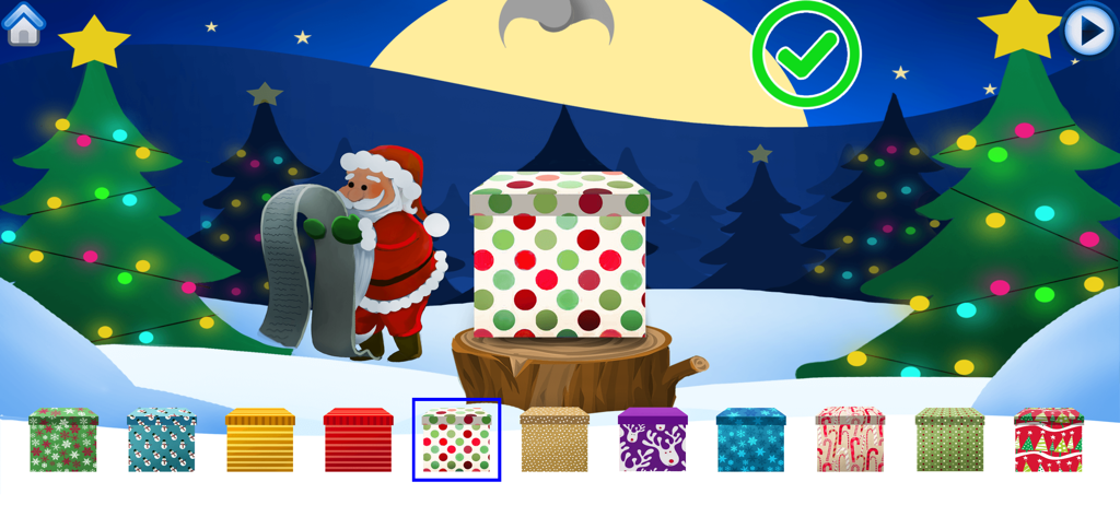 Santa Claus choosing a gift wrap pattern in a snowy Christmas landscape