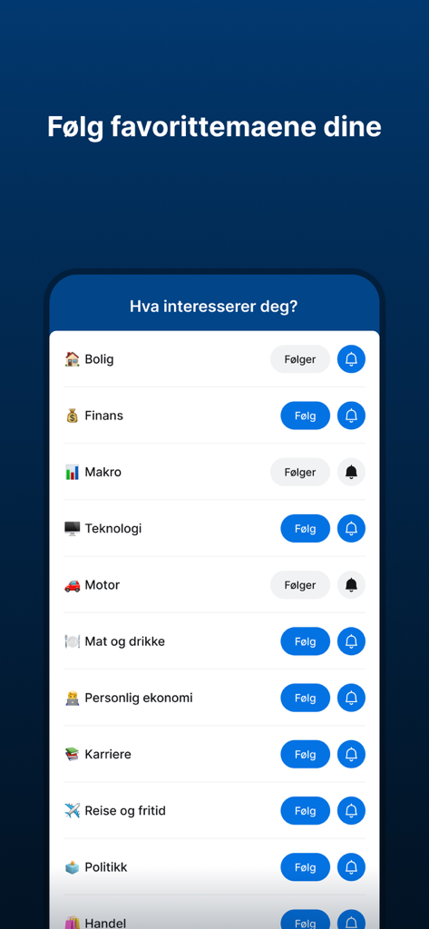Finansavisen - Interface for following financial topics in the Finansavisen app