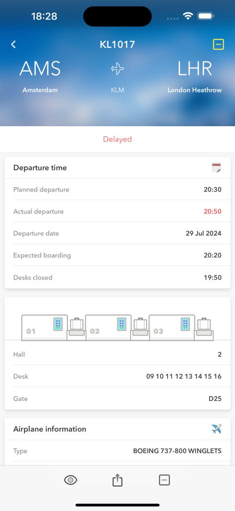 Schiphol app screen showing flight KL1017 from Amsterdam to London Heathrow with a delayed status gate information and aircraft type