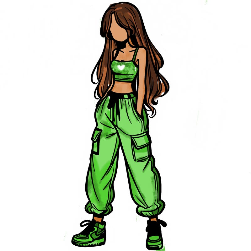 girl in baggy pants crop top and long hair