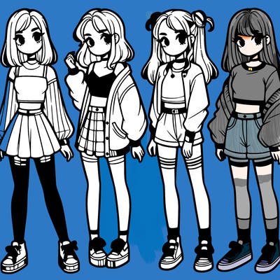 one girl with crop-top shirt and a jacket with a skirt, long socks and another girl with a shirt and pants with a jacket