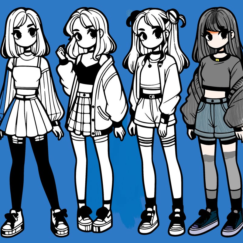 one girl with crop-top shirt and a jacket with a skirt, long socks and another girl with a shirt and pants with a jacket