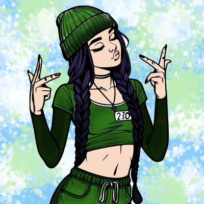 realistic teenage girl with braids and a beanie and crop top doing 🫶🏼