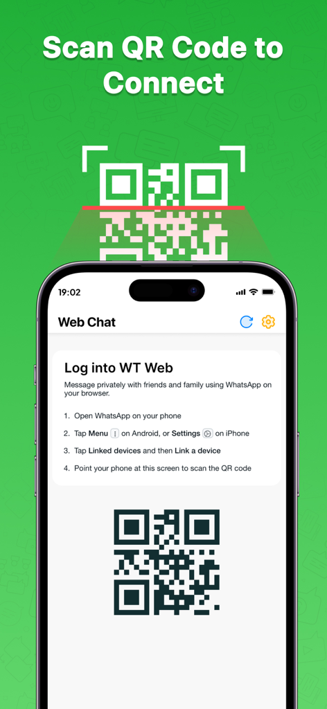 Écran d'iPhone affichant un code QR et des instructions pour scanner et se connecter au chat Web.